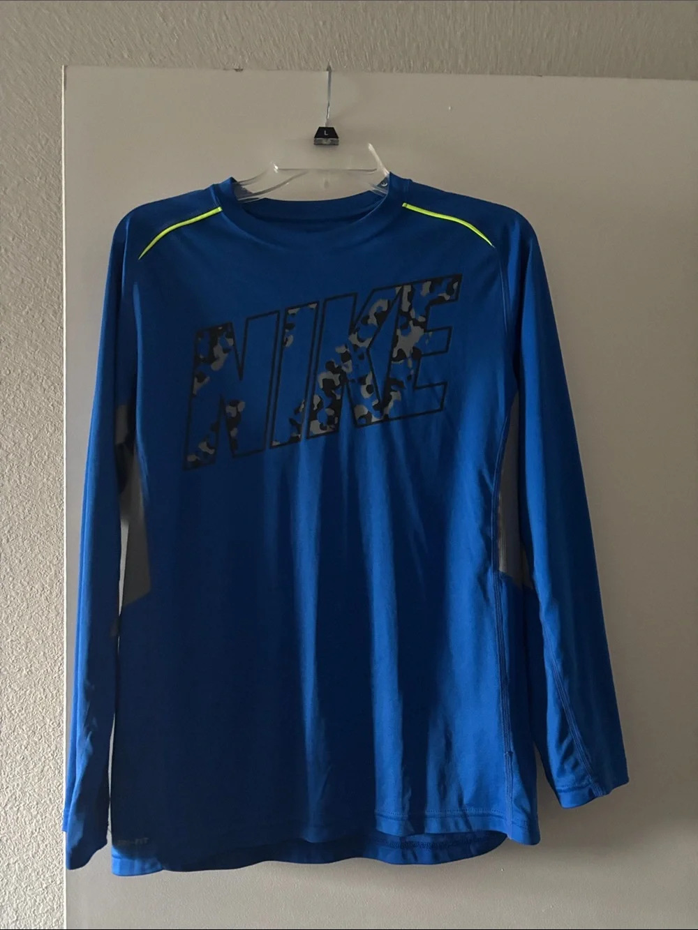 Nike Royal Blue Long-Sleeve Dri-FIT Graphic Tee with Neon Accents